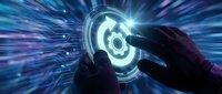 Hands reaching toward glowing digital target with radiating light beams in futuristic cyber space environment for technology and business concepts.