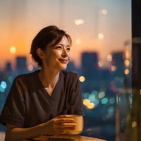 Young Asian businesswoman enjoying coffee break at office window during golden hour with city skyline bokeh lights in background for corporate lifestyle.