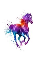 Vibrant watercolor horse galloping with colorful paint splashes in purple, pink, orange and blue tones isolated on white background for creative designs.