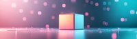 Glowing cube on reflective surface with pink and turquoise gradient background, soft bokeh lights creating dreamy atmosphere for modern design projects.