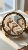 Wooden blocks with business terms under magnifying glass on desk near window representing corporate strategy analysis and professional development concepts.