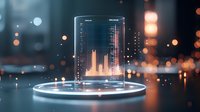 Futuristic holographic display showing financial data charts and graphs on glowing platform with bokeh light effects in dark atmospheric setting.