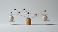 Wooden balance scale with white spheres and metal balls showing equilibrium concept against neutral background. Modern minimalist design demonstrates harmony and stability.
