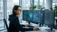 Professional female cybersecurity analyst working on computer monitors displaying security dashboard with shield icons and data analytics in modern office.