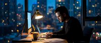 Young Caucasian man in glasses working late at night on laptop, desk lamp glowing, city lights bokeh background, focused professional.