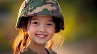 Young Asian girl wearing digital camouflage military helmet smiling warmly at sunset with golden backlight creating soft glowing effect around her face and hair.