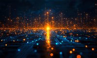 Futuristic digital landscape with glowing orange and blue light trails forming network connections on dark background, abstract technology concept visualization.
