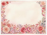 Romantic floral border frame with pink roses, peonies, and hearts on cream background. Isolated design element suitable for wedding invitations, greeting cards, and stationery projects.