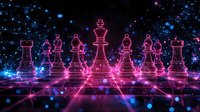 Glowing chess pieces in pink and blue neon lights against dark background with luminous particles and network connections creating futuristic atmosphere.