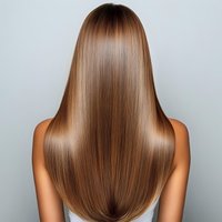 Long straight brown hair from back view on young woman with tanned skin wearing white top against light background, showing healthy shiny smooth hairstyle.