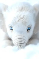 Close-up portrait of a white baby elephant with striking blue eyes and soft fur, showing gentle expression against light background, artistic fantasy nature concept.