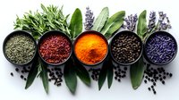 Colorful aromatic spices in black bowls with fresh herbs and leaves arranged in row on white background, overhead view of culinary seasoning collection.