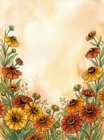Autumn wildflower border frame with orange and yellow blooms on warm textured background for seasonal greeting cards and botanical designs.