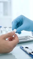 Gloved healthcare professional handing white pill to patient in clinical laboratory setting for pharmaceutical treatment and medical consultation.