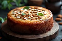 Homemade almond cake garnished with toasted sliced almonds and fresh mint leaves on wooden serving board against dark background. Fresh baked dessert.