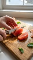Close-up of hands peeling fresh grapefruit segments on wooden cutting board with mint leaves, natural window light, food preparation and healthy eating concept.