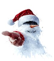 Cheerful snowman wearing red Santa hat and scarf, watercolor style artwork on white background, winter holiday character with carrot nose and gentle smile.
