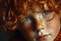 Close-up portrait of young Caucasian woman with curly red hair and freckles, intense blue eyes gazing directly at camera in warm golden lighting.