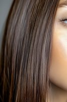 Close-up of straight brown hair texture showing smooth, glossy strands against soft skin tone background, highlighting haircare and beauty treatment results.