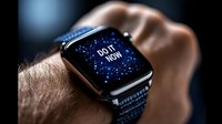 Modern smartwatch displaying motivational message on dark screen with glowing blue particles against black nylon sport band, close-up view on wrist.