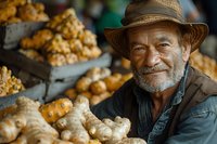 Senior African American farmer with gray beard wearing brown hat smiling at local market stall with fresh ginger and produce, authentic portrait showing joy and pride.