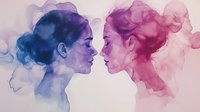 Ethereal watercolor portrait of two women facing each other in profile, rendered in flowing blue and pink hues against white background, expressing intimate connection.