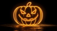 Glowing neon orange Halloween pumpkin jack o lantern with carved smiling face on dark background, illuminated seasonal decoration for spooky holiday designs.