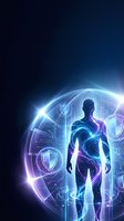 Digital human silhouette with cybersecurity shield protection and glowing tech interface on dark blue gradient background for data privacy concepts.