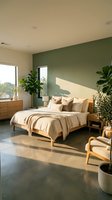 Modern bedroom with sage green accent wall, wooden bed frame, neutral bedding, potted plants, natural light from windows, and contemporary furniture for home decor inspiration.