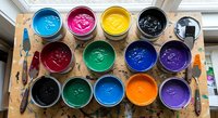 Colorful paint cans with vibrant ink in cyan, magenta, yellow, black, red, green, blue, purple and orange arranged on wooden palette in art studio.