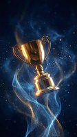 Golden trophy cup floating in cosmic space with swirling blue energy streams and sparkling particles for achievement and victory celebration concepts.