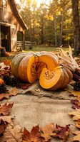 Fresh orange pumpkins cut in half displaying seeds and flesh on rustic burlap with autumn leaves, corn and pinecones at countryside farm during golden hour.