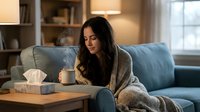 Woman with long dark hair and medium skin tone sitting on blue sofa wearing cardigan, holding mug, tissue box nearby, warm home interior with shelving and window lighting, relaxation and comfort concept.