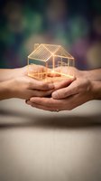 Hands holding glowing golden house model representing home ownership, real estate investment, property protection and housing dreams concept.