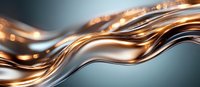 Luxurious metallic copper and silver waves flow with elegant motion against dark background, creating dynamic abstract design with glowing bokeh light effects.