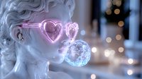 Young woman with white curly hair wearing heart-shaped pink neon glasses blowing a glowing bubble against blurred festive lights background.