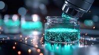 Glowing turquoise liquid drops into glass container creating magical effect with sparkling bokeh lights and reflections in dark laboratory setting.
