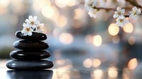 Zen stones pyramid with white cherry blossom on top against blurred bokeh background, wellness and spa concept for meditation and relaxation.