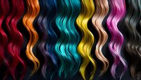 Vibrant wavy hair strands in rainbow colors including red, orange, blue, turquoise, yellow, blonde, pink and black arranged in vertical stripes on dark background.