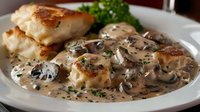 Grilled chicken breast in creamy mushroom sauce garnished with fresh herbs, served on white plate with side dishes, gourmet restaurant presentation.