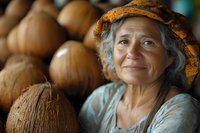 Senior Asian woman with orange headscarf smiling among coconuts at local market, representing traditional farming and cultural heritage.