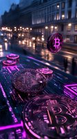 Glowing cryptocurrency coins with purple neon lighting against blurred urban nightscape background create futuristic financial technology atmosphere.