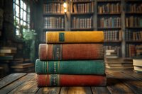 Stack of vintage hardcover books on wooden table in library setting with blurred bookshelves background. Atmospheric lighting highlights textured cloth bindings.