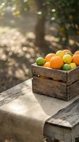 Fresh citrus fruits in rustic wooden crate on outdoor table with natural sunlight and bokeh background for healthy eating and organic farming concepts.