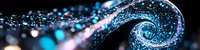 Magical glowing spiral with sparkling blue and pink particles swirling against black background creates ethereal cosmic effect. Macro photography.