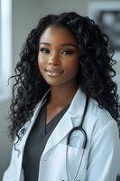Young African American female doctor with curly hair wearing white medical coat and stethoscope smiling confidently in modern healthcare facility.