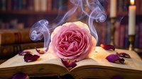 Pink rose with mystical smoke rising from open book surrounded by petals in warm candlelit library setting, suitable for fantasy, literature, and romantic design projects.