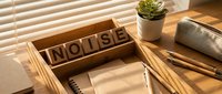 Wooden letter blocks spelling HOUSE in bamboo organizer tray on desk with succulent plant and stationery items in warm natural sunlight.