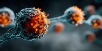 Cancer cell with glowing orange receptors on dark background, microscopic view of metastasis process in human body.