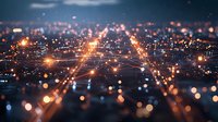 Abstract digital network with glowing orange connection points over blurred cityscape at night, representing technology and connectivity.